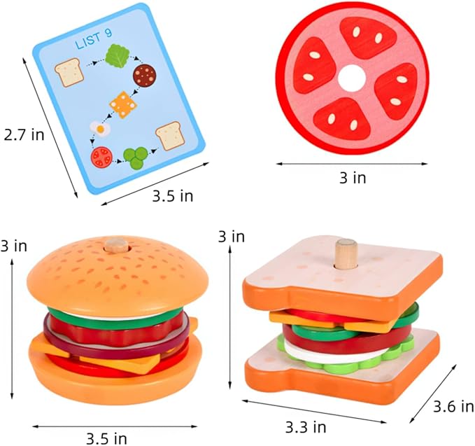 Wooden Sandwich Stacking Toy for Kids, Toddler to Preschool, Develops Fine Motor Skills, Includes Base, 7 Ingredient Pieces, 10 Flash Cards