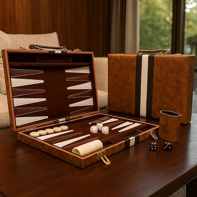 15inch Backgammon Set Classic Folding Board with Leather Case, Portable Travel Game, Ideal Gift Package for Strategy Lovers