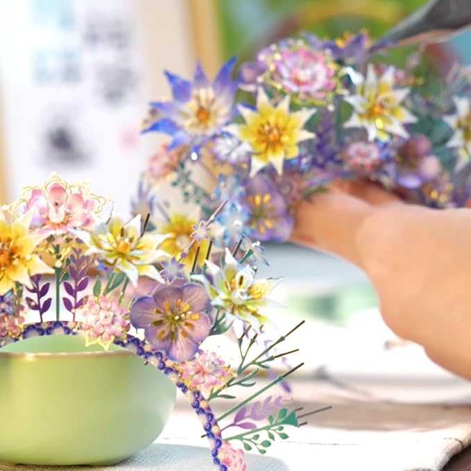 MU 3D Metal Puzzle Models Kits Wooden Puzzles Head-Pinned Flowers Crown, Head Jewelry Craft Work Miniature Building, DIY Set Birthday New Year Girlfriend Gifts Home Desk Office Decor New Year Gift