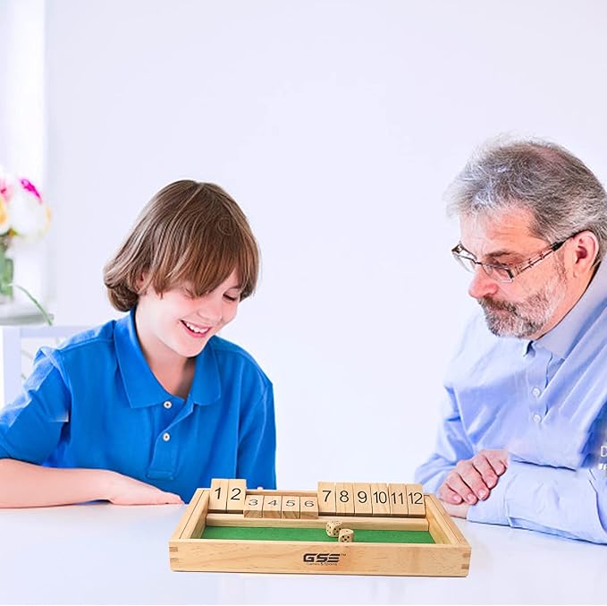 GSE Games & Sports Expert Wooden Shut The Box 12 Numbers Dice Game Board with 2 Wooden Dice, Classic Tabletop Version of The Popular English Pub Game
