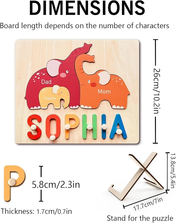 Personalized Baby Name Puzzle | Custom Wooden Baby Toy for Toddlers 1-3 Age 3+ | Montessori Learning Toys for Boys & Girls | Perfect Kids Gift for First Birthdays & Christmas (Elephants)