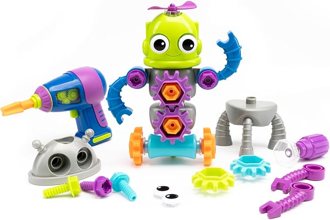 Educational Insights Design & Drill Robot Workshop - Construction Toys & Tools for Kids, Robot Toy Building Sets, Kids' Tool Set with Real Electric Drill Toy, Take Apart STEM Set, Gifts for Ages 3+