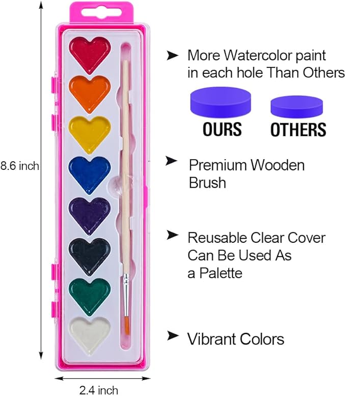 Watercolor Paint Sets Bulk, 24 pack 8 Colors Washable Paint Sets,Wooden Brushes, Idear Valentines Day Gift Christmas Gift for Preschool Classroom, Art School, Birthday Party Favors