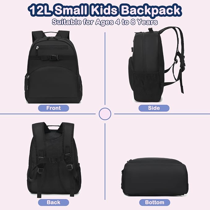 FlowFly Kids Backpack for Toddler Boys Girls, Simple Lightweight Bookbag for Daycare Kindergarten Elementary School Travel, Small Modern Bag (Medium 15'', Black)