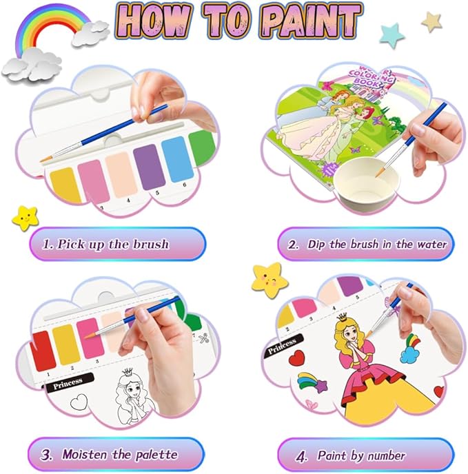 Paint with Water Books for Kid,6 Coloring Book With Magic Paint Set for Kids,Travel Coloring Kit,Arts and Crafts Suitable for Birthday (Girls Like)