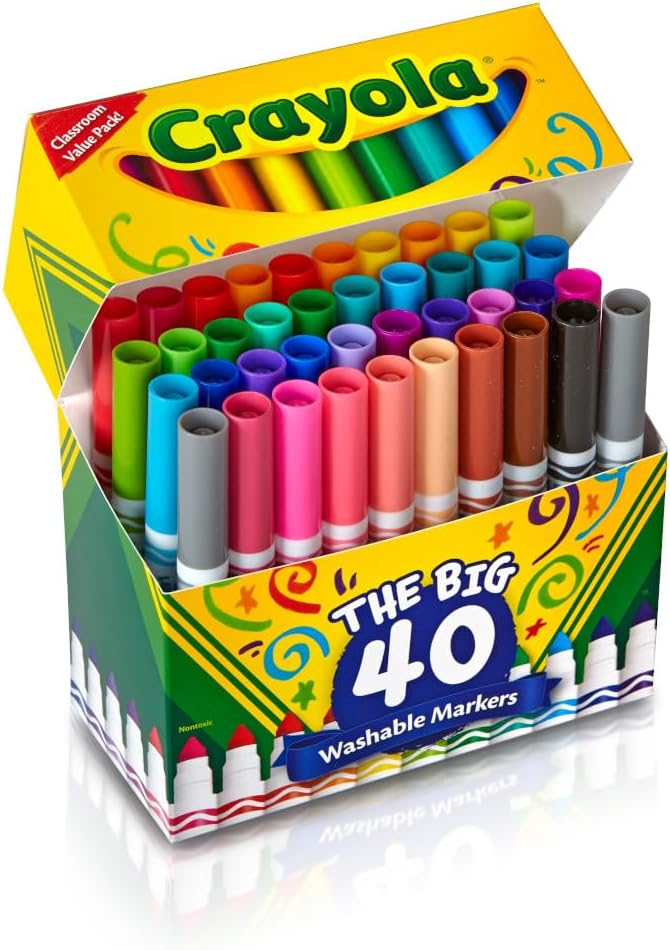 Crayola Ultra Clean Washable Markers for School (40ct), Essential Back to School Supplies for Kids, Coloring Book Marker Set, Teacher Classroom Supplies