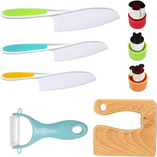 RISICULIS Wooden Kids Cooking Sets Real, Kids Knife Set Include Wood Kids Safe Knife, Serrated Edges Plastic Toddler Knife, Sandwich Cutter, Toddler Kitchen Kids Cooking Gifts for Kids