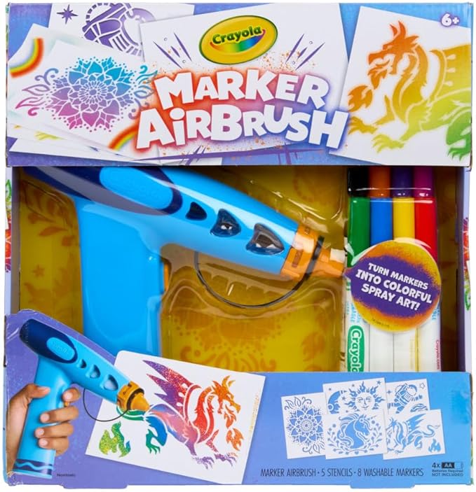 Crayola Marker Airbrush Spray Art Kit, Battery-Powered Sprayer with 8 Washable Markers & 5 Stencils, DIY Craft Set for Kids, Gift for Boys & Girls, Ages 6+