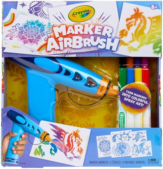 Crayola Marker Airbrush Spray Art Kit, Battery-Powered Sprayer with 8 Washable Markers & 5 Stencils, DIY Craft Set for Kids, Gift for Boys & Girls, Ages 6+