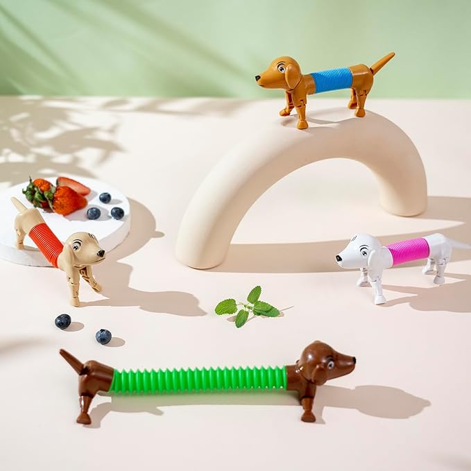 Dog pop Tubes fidgets, Travel Toys for Toddlers 3-5, Sensory Toys for Kids 5-7, fidgets for Kids, Animal pop Tubes, Easter Egg fillers,Easter Basket Stuffers(4 Pack Dog)