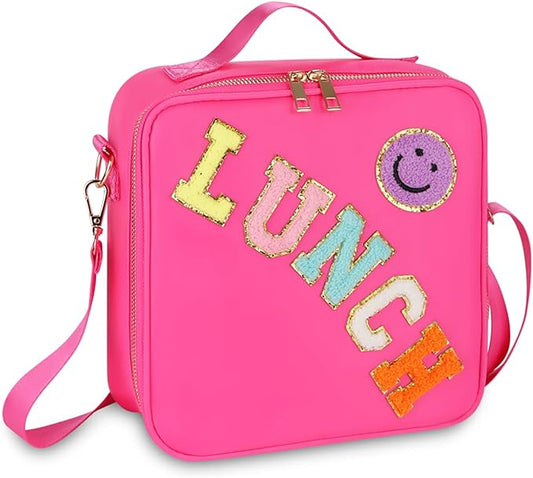 Insulated Girl Lunch Bag for Girls With Adjustable Strap, Nylon Preppy Lunch Box For Teens Kids Toddler Reusable Bag Back To School Picnic Gifts, RoseRed