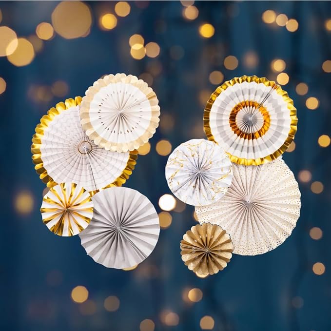 PapaKit Origami Wall Decoration Set (8 Assorted Round Paper Fans) Birthday Party Baby Shower Wedding Events Decor | Creative Art Design Pattern (Ivory & Marble with Metallic Gold Accent, 8 Piece Set)
