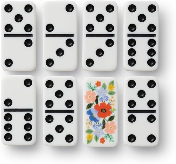 RIFLE PAPER CO. Dominoes Set | 28 Dominoes with Illustrated Designs, Packaged in Embroidered Keepsake Box, Includes Instruction Card for Games, Strawberry Fields