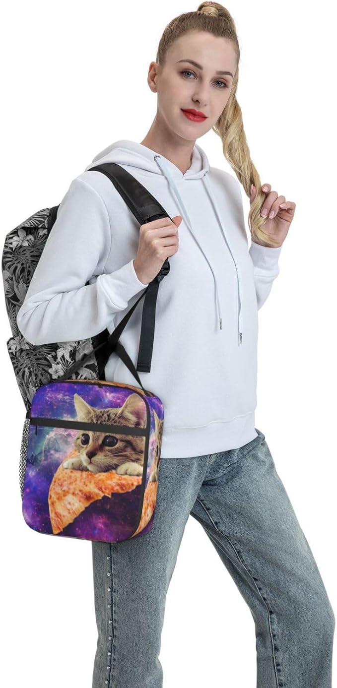 Galaxy Pizza Cat Reusable Lunch Box Food Bag Insulated Lunch Bag for Teenage Boys Girls School Beach