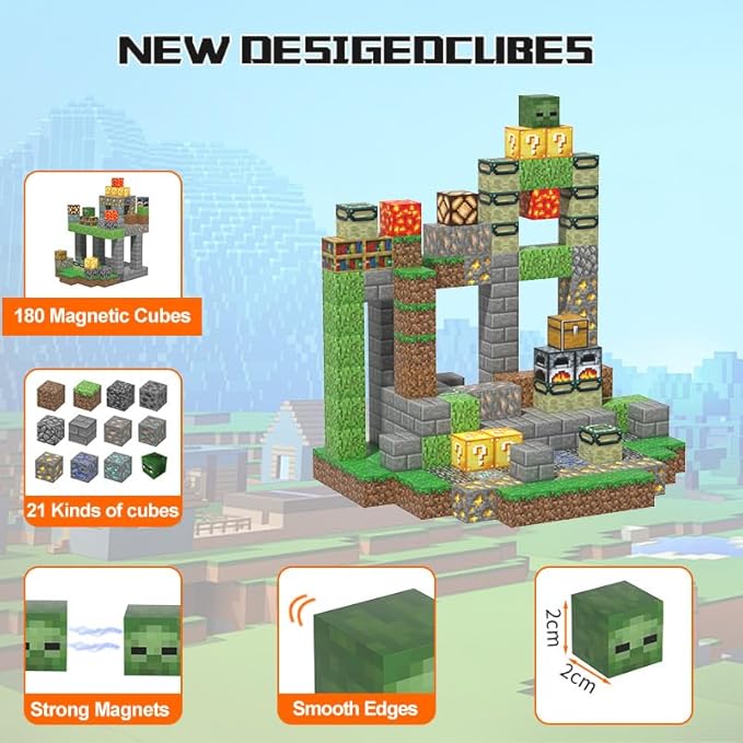 180PCS Magnetic Building Blocks for Kids - Mine World Magnetic Blocks Build My World Pixel Magnet Block Sets, STEM Sensory Magnet Cubes Building Toys for Girls Boys Ages 3 4 5 6 7 8-12 Birthday Gift