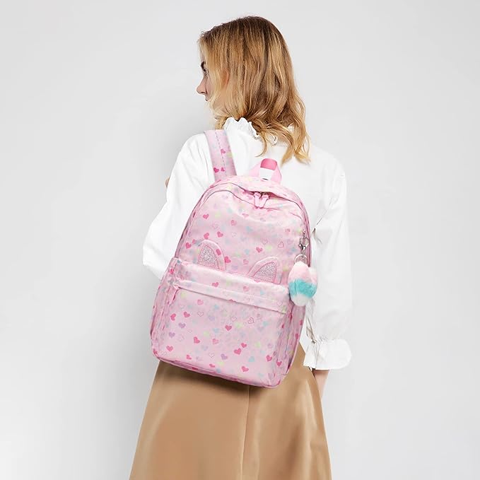 SUN EIGHT Lightweight Backpack for Girls Kids Elementary Bookbag Waterproof Large Space School Backpacks for Teens for Travel and School Ages 6+ Years old Casual Backpack(Pink Peach Heart)