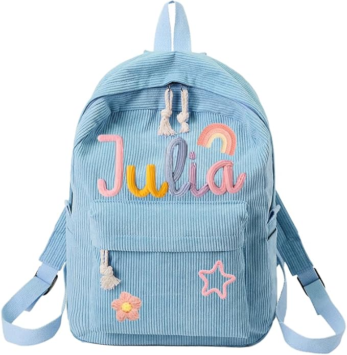 Personalized Corduroy Backpack for School Girls & Boys, Custom Name School Bag with Cotton Rope Woven, Customize Monogram Book Bag for Toddlers and Kids, Back to School Gifts