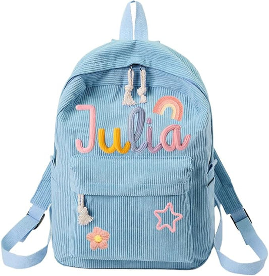 Personalized Corduroy Backpack for School Girls & Boys, Custom Name School Bag with Cotton Rope Woven, Customize Monogram Book Bag for Toddlers and Kids, Back to School Gifts