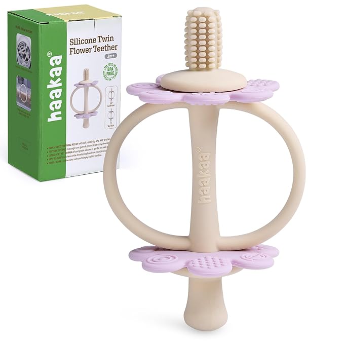 haakaa Silicone Twin Flower Teether,Nipple-Shaped End for Gum Massage,360Β° Baby Toothbrush Head for Self-Brushing Training,Easy to Grip - Lavender