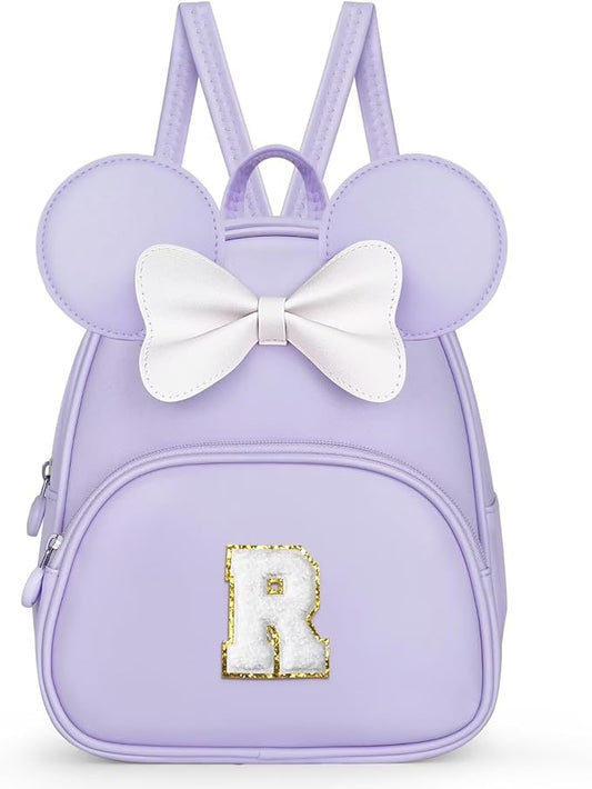 Backpack for Girls Kids Toddler, Bookbag for Teen Girl Kids Birthday Gifts, School Backpack for Girls with Cute Bow, Initial Purple R