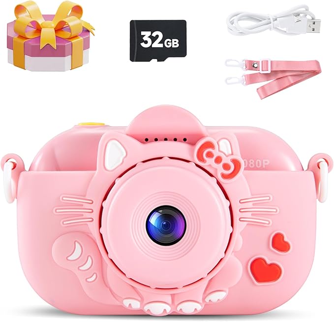 Kids Camera Toddler Camera Toys for Ages 5-7, HD Selfie Camera with 32GB SD Card, Fun Christmas Birthday Gifts for Little Photographers, Baby Pink