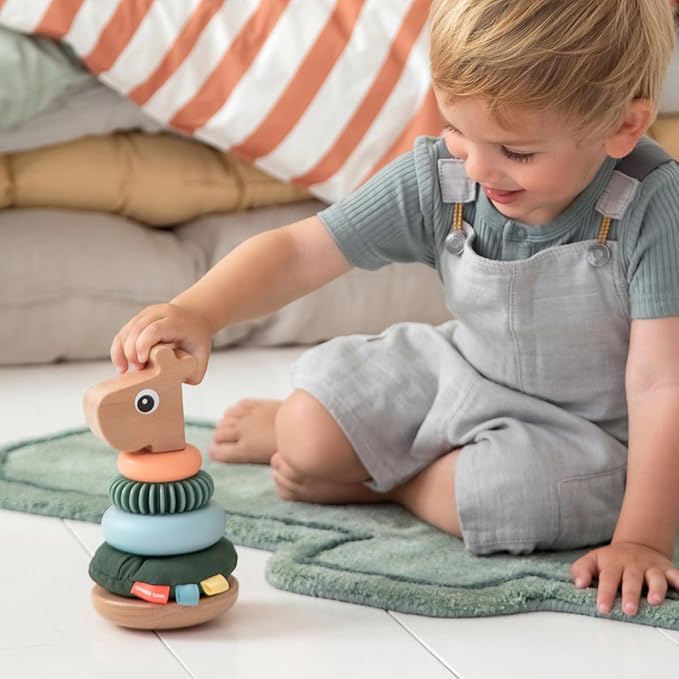 Done by Deer Raffi Stacking Tower - Colorful Wooden Ring Stacker Toy with Different Shapes and Textures for Sensory Stimulation and Motor Skill Development - Tilt Function and Pull Tail for Added Fun