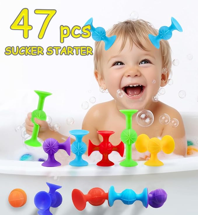 Suction Bath Toys for Baby, 47 Piece Starter Set Suction Cup Toys Pop Darts Preschool Sensory Fidget Toys for Toddlers 1-3 4-8 | No Hole Bath Toy | BPA Free Bath Toys (Large Size)