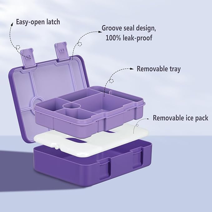 Chill Bento Lunch Box for Kids Adult with Ice Pack Keep Food Cold Fresh 5-Compartment Reusable Leak Proof Lunch Container for Girl Boy School Dishwasher & Freezer Safe