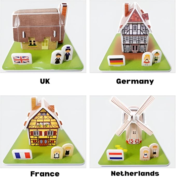3D Puzzle Set - Traditional Houses Collection: Build 8 Country Models with Authentic Costumes, DIY Kit for Hobbyists, Creative Toy and Home Decor (Europe)