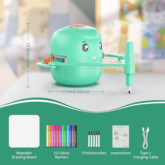 Interactive Educational Drawing Robot for Kids - Montessori Learning Toy with 100 Word Cards, Voice Interaction, Ages 5+ (Green)