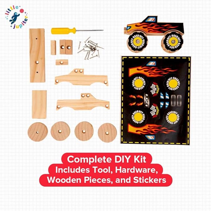 Little Jupiter DIY Wooden Kits w/Stickers - Kids Building Kit - Stem Toys for Ages 4-7 - Wood Crafts for Kids - Woodworking Kits (Monster Truck 1)