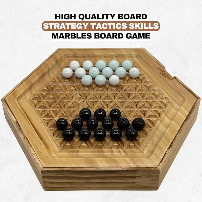 Abalone Board Game - Marble Strategy Game - 2 Player Games - Marble Chess Game - Intellectual Chess Board Game - Strategy Games for Adults - Wooden Board Games 28 Black & White Marbles