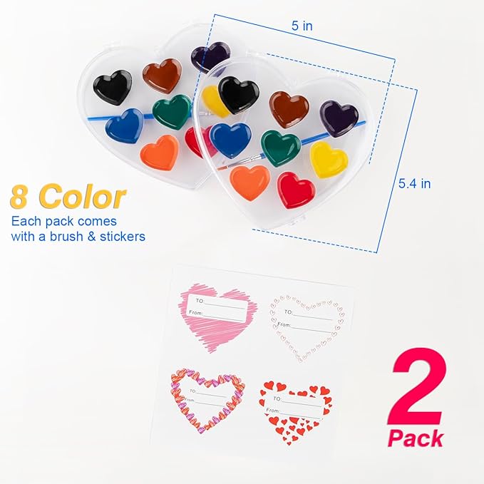 Valentines Day Gifts for Kids, 2 Pack 8 Colors Heart Shaped Watercolor Paint Set with Paintbrush, Prizes Exchange Washable Water Color Kids Paint Set Art Supplies Party Favors for Preschool Classroom School