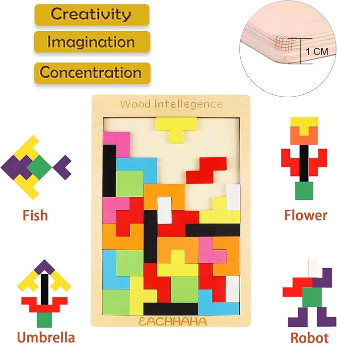 3-in-1 Wooden Blocks Puzzle Set,Hexagon Wooden Puzzle + Wood Russian Blocks + Tangram Puzzle for Kids,Intelligence Brain Teasers Toy STEM Educational Gift for Children(with Storage Bag)