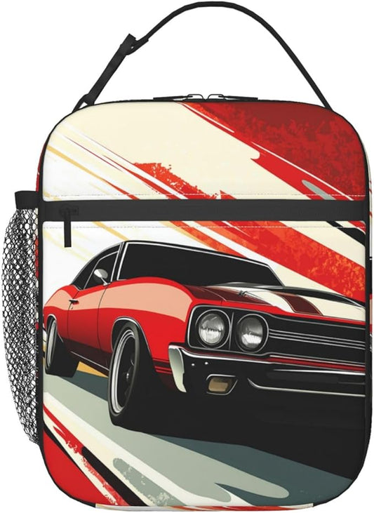 Muscle Car Lunch Bag for Women Men Adults, Insulated Lunch Box for Work, Sports, Travel, Picnic,Hiking, Fishing, Red Retro Classic Car Theme Lunchbox Gifts