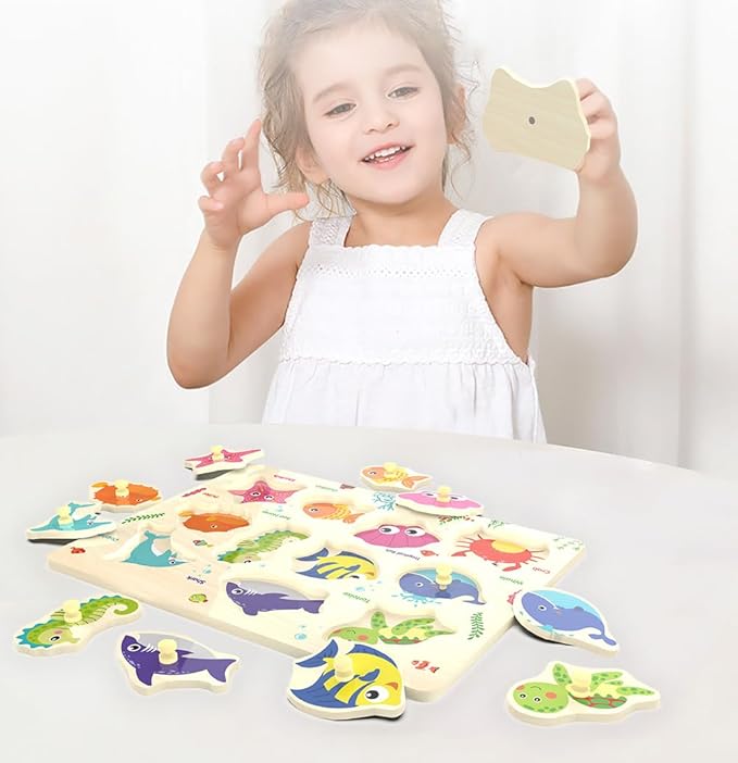 Wooden Peg Puzzle, Sea Creature Chunky Baby Puzzles, Colorful Wood Shape Puzzle Peg Board, Animal Knob Puzzles for Educational Toddlers 18 Months and Up, 11 Pieces