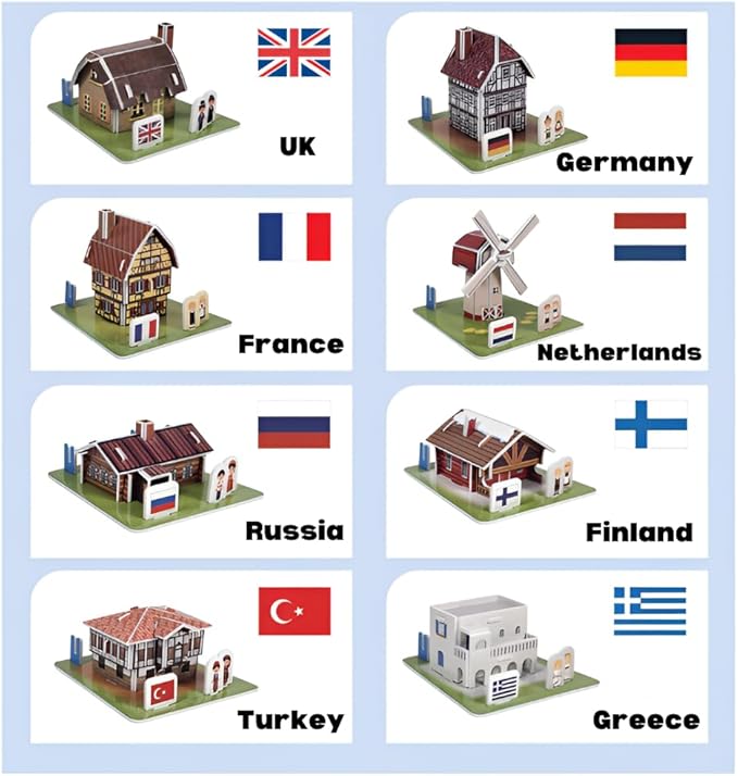3D Puzzle Set - Traditional Houses Collection: Build 8 Country Models with Authentic Costumes, DIY Kit for Hobbyists, Creative Toy and Home Decor (Europe)