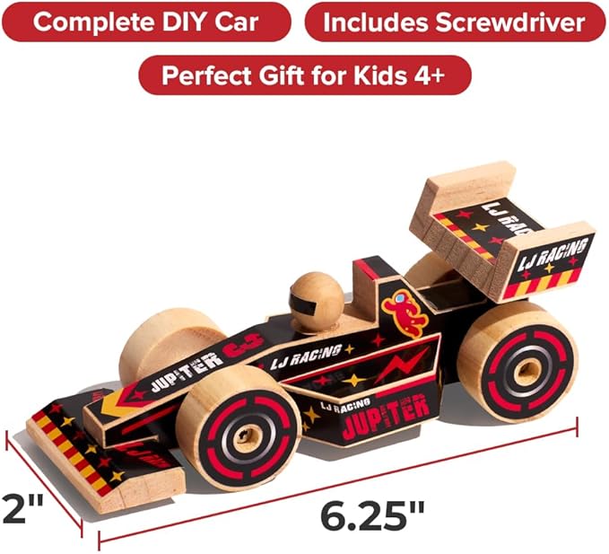 Little Jupiter DIY Wooden Kits w/Stickers - Kids Building- Stem Toys - Wood Crafts - Woodworking - Wood Project for Ages 4-7 Yrs (Open Wheel Car)
