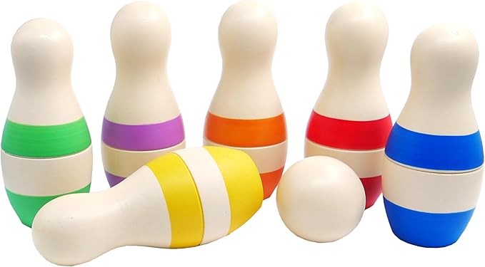 Shumee Montessori Wooden Kids Bowling set 2+ Years, Eco-Friendly Toddler Bowling Sets with 6 Pins & Ball, Indoor/Outdoor Bowling Set For Kids, Muscle & Brain Development, 100% Child-Safe Toy - Stripes