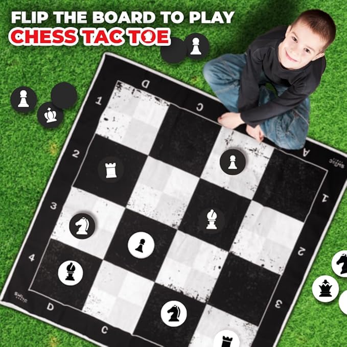 SWOOC Games - 3-in-1 Giant Chess, Checkers, & Chess Tac Toe Game with Mat (4ft x 4ft) - Machine-Washable Canvas & 5" Big Foam Discs - Giant Chess Set Outdoor & Checkers Board Game for Adults & Kids
