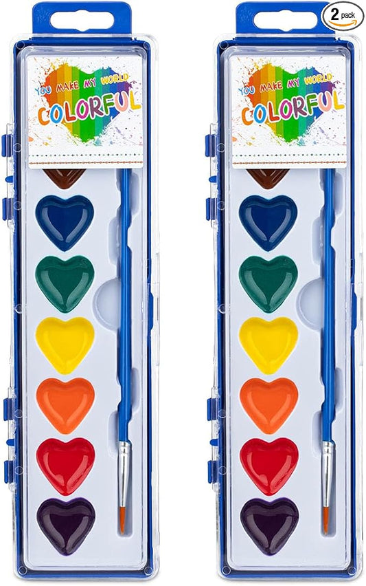 ARTLYMERS 2 Pack Valentines Watercolor Paint Set Kids, 8 Washable Heart Shaped Water Colors Paint Sets with Paintbrush, Art Supplies for Preschool Classroom Party Favor Gifts Prizes Exchange