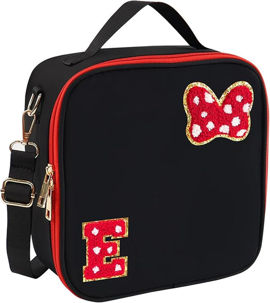 Preppy Initial Bow Mouse Lunch Bag, Kids Insulated Lunch Box Gifts for Teen Girls Daughter, Reusable Soft Lunch Containers Crossbody Cooler Bag Must Haves for Park Travel School Work Picnic Black E