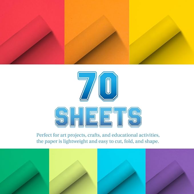 Construction Paper 8.5inx11in,70 Sheets,Set of 7 Colors Classic Rainbow 178GSM/65LB Heavyweight Construction Paper,Crafts,Arts,School Classroom Art Supplies Assorted Colors Bulk Paper