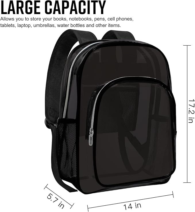 Clear Backpack Heavy Duty Transparent Backpack for Security Travel Work (Black)
