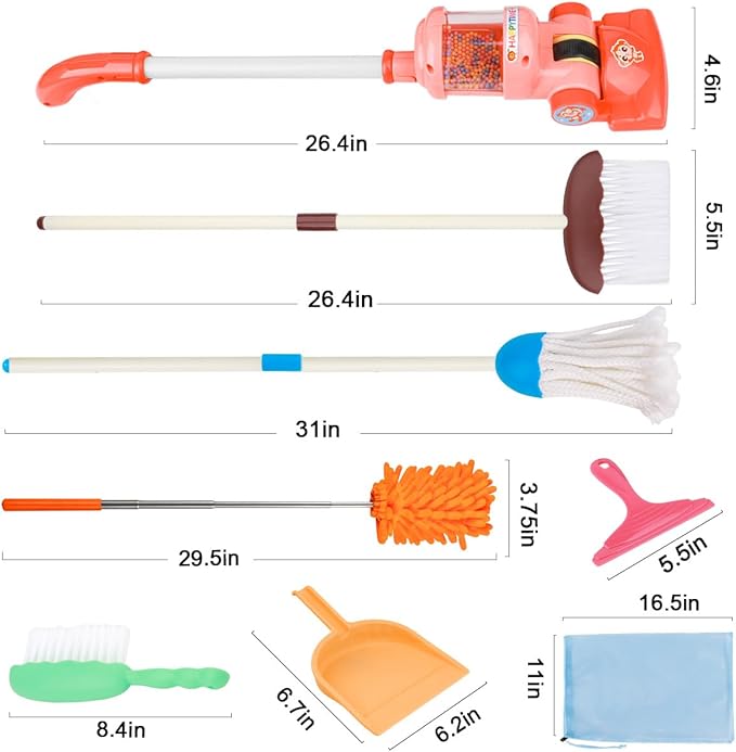 Meland Kids Cleaning Set - 8Pcs Toddler Broom and Toy Vacuum Cleaner, Pretend Play Children House Cleaning Toys, Christmas Birthday Gift for Girls and Boys