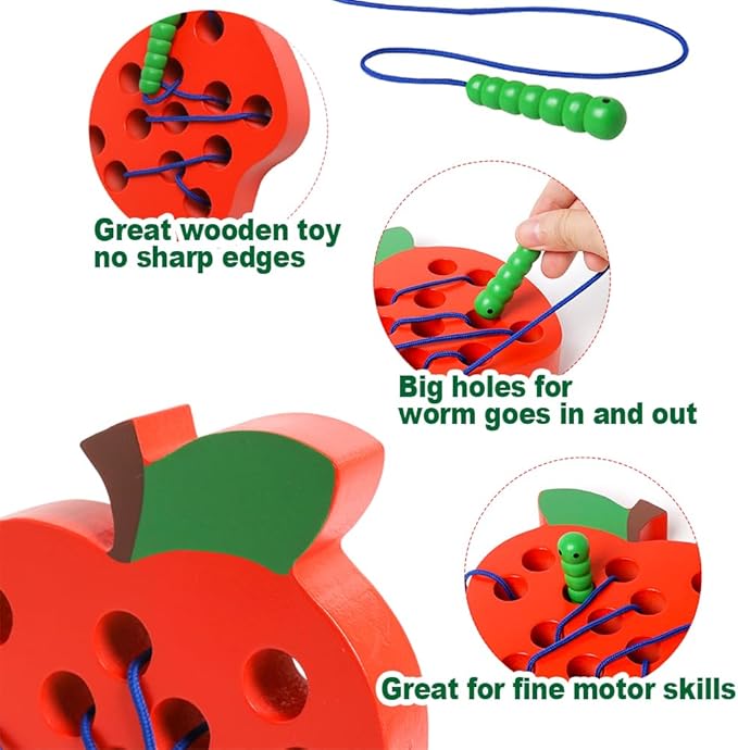 Lacing Toys for Toddlers,Wooden Threading Apple Baby Travel Toys,Montessori Education Sensory Learning Fine Motor Skills, Wooden Block Puzzle Gifts for 3 Year Old Baby Kids Boys Girls