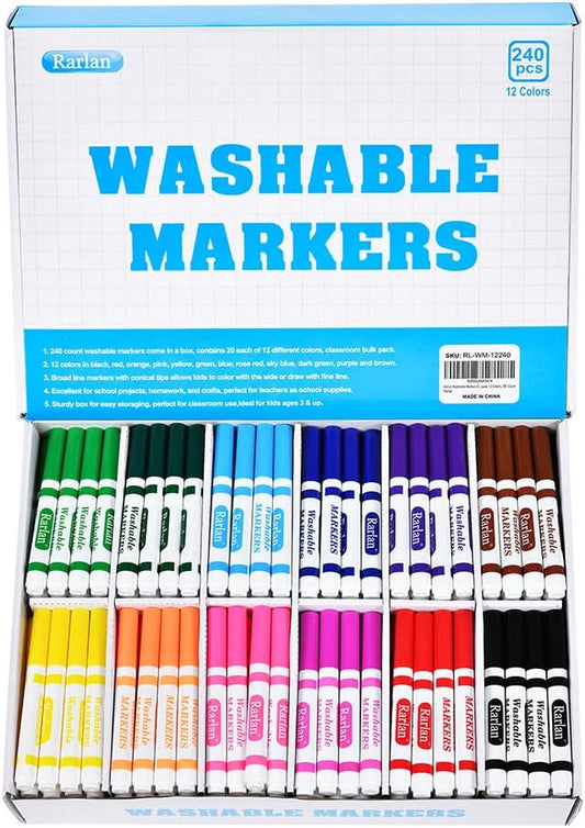 Rarlan Washable Markers Bulk, Markers for Kids, Bulk pack, 12 Colors, 240 Count