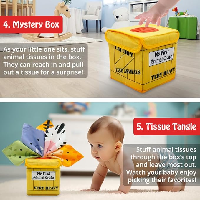 Urban Kiddy™ My First Animal Crate | Sensory Baby Tissue Toy Box, Montessori Toys for Infants & Toddlers, Imaginary Play, Colorful Crinkle Textured Pull Scarves, Educational Preschool Learning