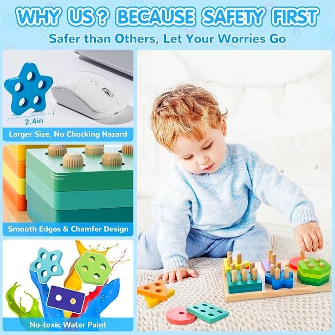 Shape Sorters for Toddlers 1-3 with 24-Piece Large Blocks & 12 Word Cards, Montessori Sensory Developmental Toy for Baby 12mo+, Wooden Stacking Puzzle Toy for 2-4 Year Old Kid Boy & Girl Birthday Gift