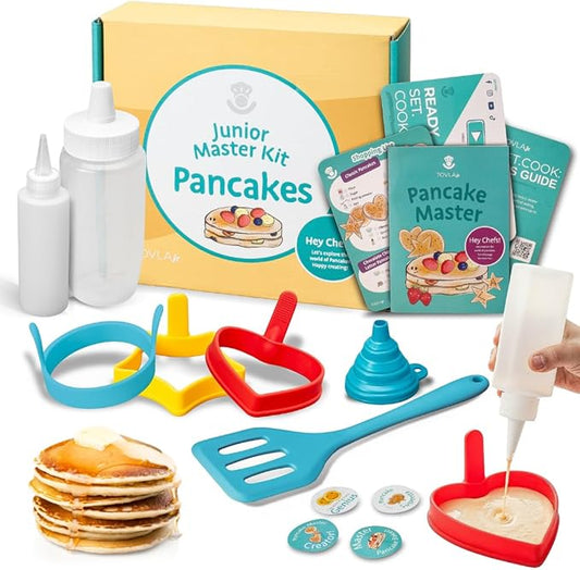 Tovla Jr. Junior Pancake Master Kit for Kids | Real Cooking Set with Reusable Silicone Pancake Molds, Bottles & Spatula | Educational STEM Gift Ages 6–12 | DIY Pancake Art Activity with Visual Recipes